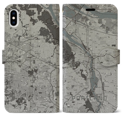 【ポートランド（アメリカ）】地図柄iPhoneケース（手帳タイプ）モノトーン・iPhone XS Max 用