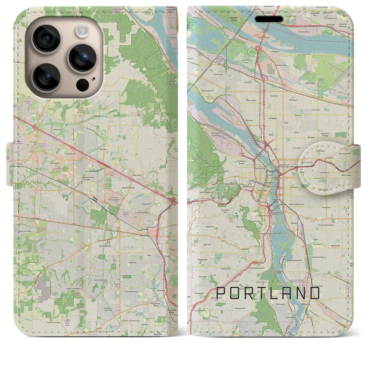 【ポートランド（アメリカ）】地図柄iPhoneケース（手帳タイプ）ナチュラル・iPhone 16 Plus 用