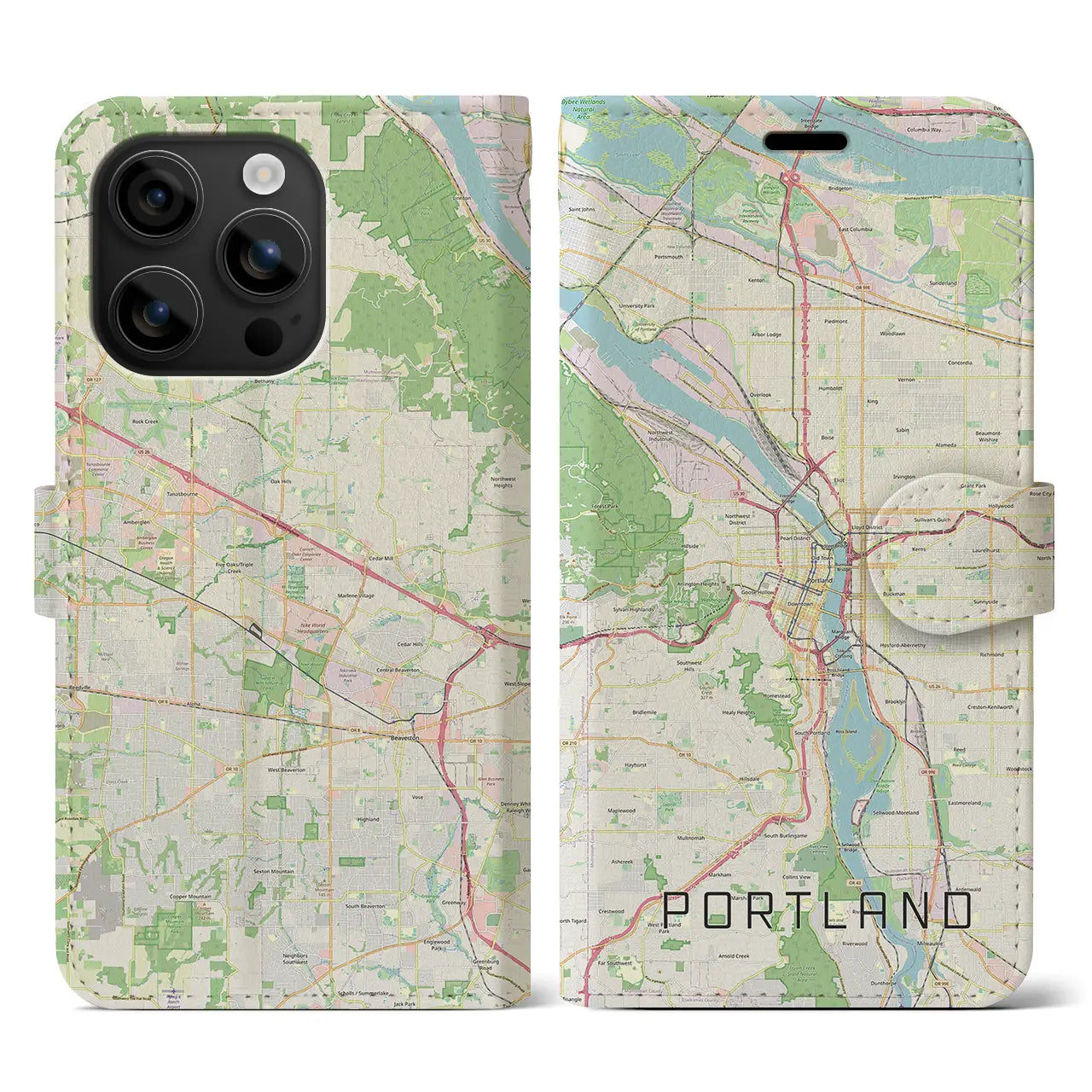 【ポートランド（アメリカ）】地図柄iPhoneケース（手帳タイプ）ナチュラル・iPhone 16 用