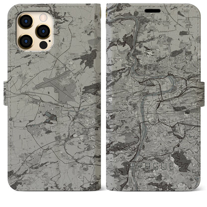 【プラハ（チェコ）】地図柄iPhoneケース（手帳タイプ）モノトーン・iPhone 12 Pro Max 用