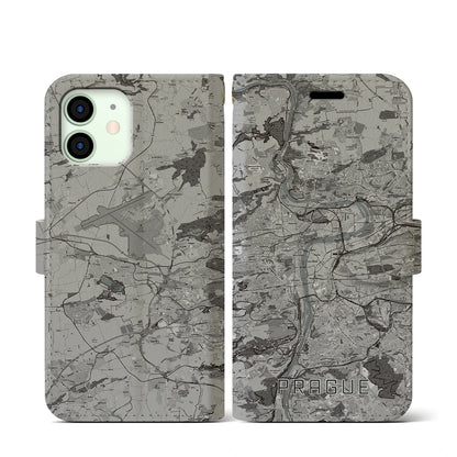 【プラハ（チェコ）】地図柄iPhoneケース（手帳タイプ）モノトーン・iPhone 12 mini 用