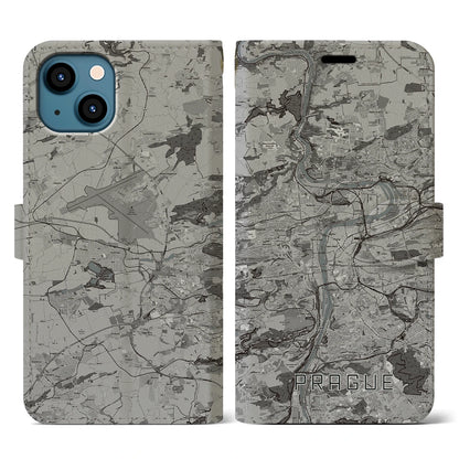 【プラハ（チェコ）】地図柄iPhoneケース（手帳タイプ）モノトーン・iPhone 13 用