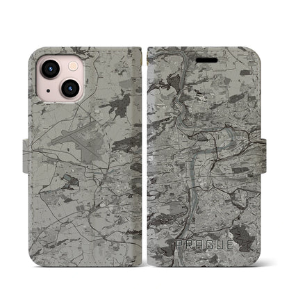 【プラハ（チェコ）】地図柄iPhoneケース（手帳タイプ）モノトーン・iPhone 13 mini 用