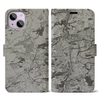 【プラハ（チェコ）】地図柄iPhoneケース（手帳タイプ）モノトーン・iPhone 14 用