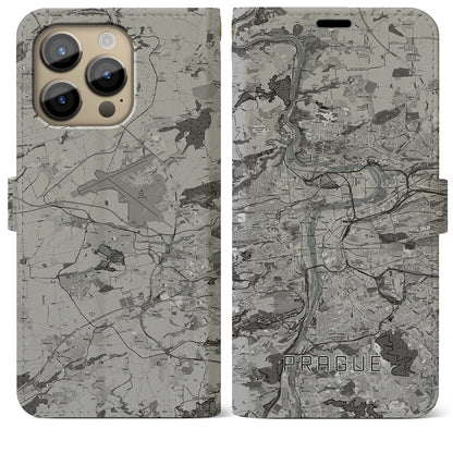 【プラハ（チェコ）】地図柄iPhoneケース（手帳タイプ）モノトーン・iPhone 14 Pro Max 用