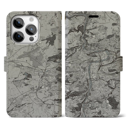 【プラハ（チェコ）】地図柄iPhoneケース（手帳タイプ）モノトーン・iPhone 14 Pro 用