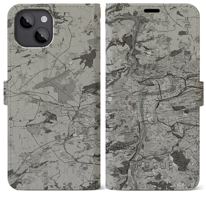 【プラハ（チェコ）】地図柄iPhoneケース（手帳タイプ）モノトーン・iPhone 14 Plus 用