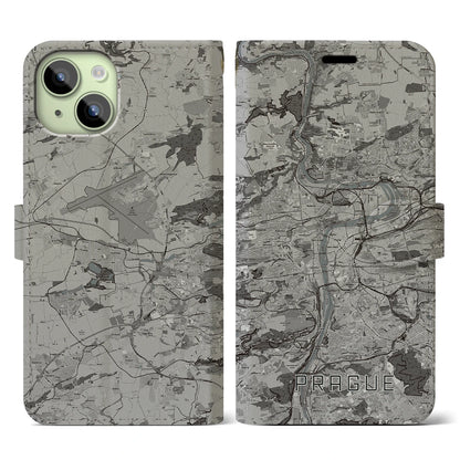 【プラハ（チェコ）】地図柄iPhoneケース（手帳タイプ）モノトーン・iPhone 15 用