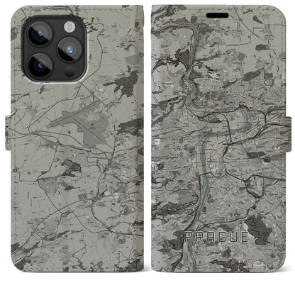 【プラハ（チェコ）】地図柄iPhoneケース（手帳タイプ）モノトーン・iPhone 15 Pro Max 用