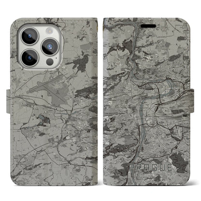 【プラハ（チェコ）】地図柄iPhoneケース（手帳タイプ）モノトーン・iPhone 15 Pro 用