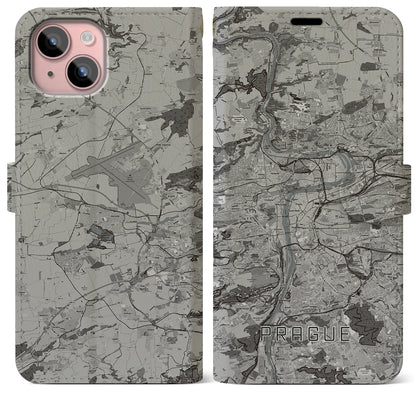 【プラハ（チェコ）】地図柄iPhoneケース（手帳タイプ）モノトーン・iPhone 15 Plus 用