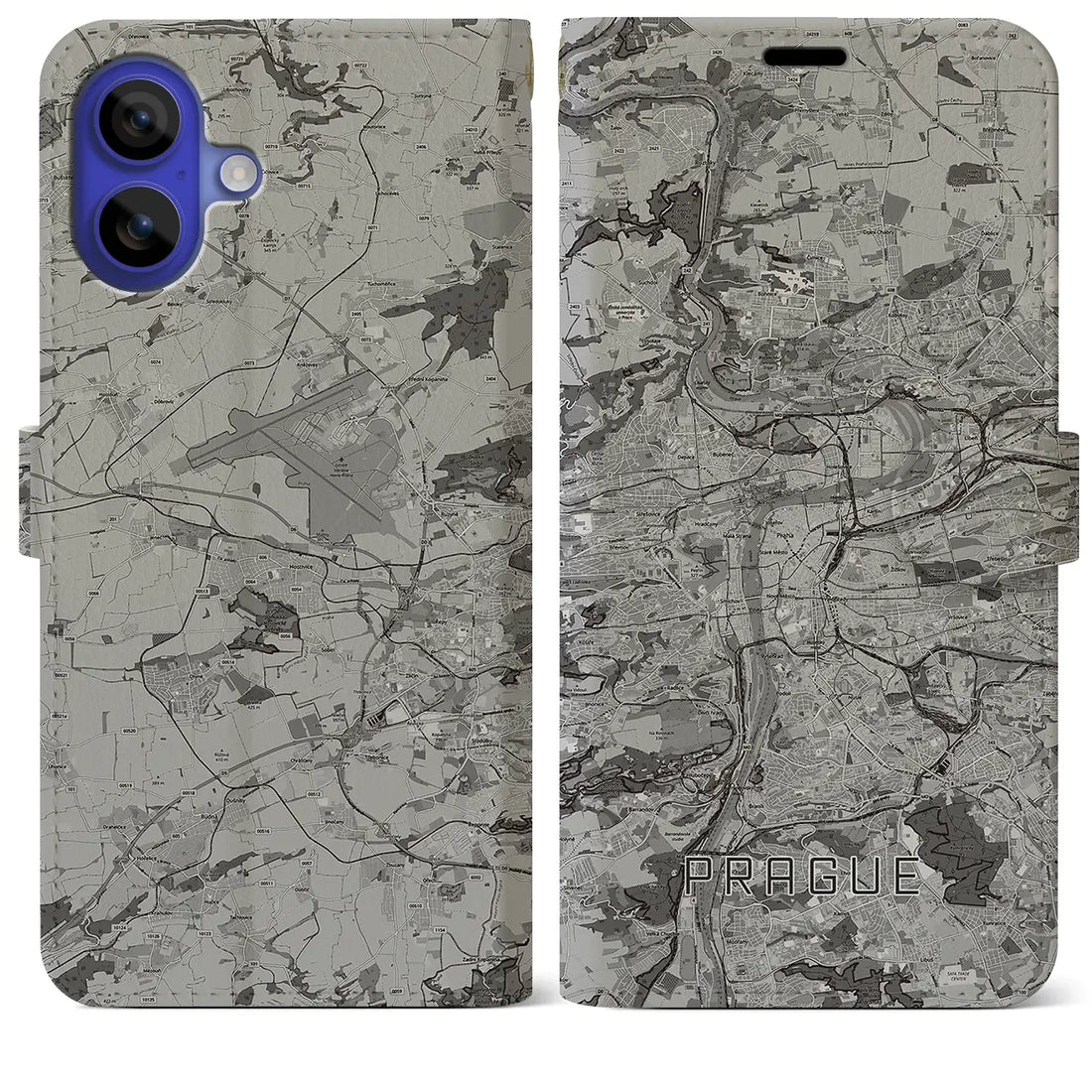 【プラハ(チェコ)】地図柄iPhoneケース(手帳タイプ)モノトーン・iPhone 16 Pro Max 用