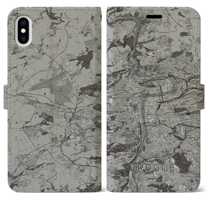 【プラハ（チェコ）】地図柄iPhoneケース（手帳タイプ）モノトーン・iPhone XS Max 用
