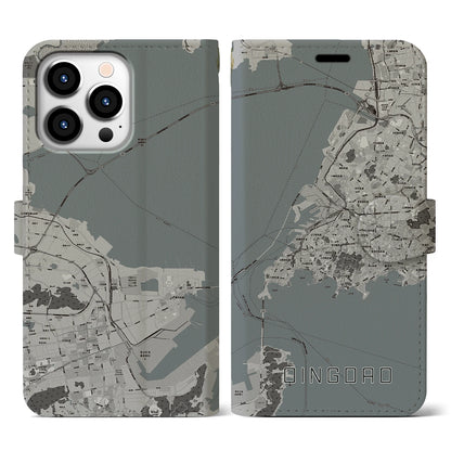 【青島（中華人民共和国）】地図柄iPhoneケース（手帳タイプ）モノトーン・iPhone 13 Pro 用