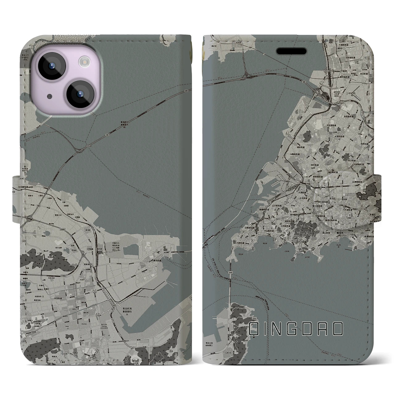 【青島】地図柄iPhoneケース（手帳両面タイプ・モノトーン）iPhone 14 用