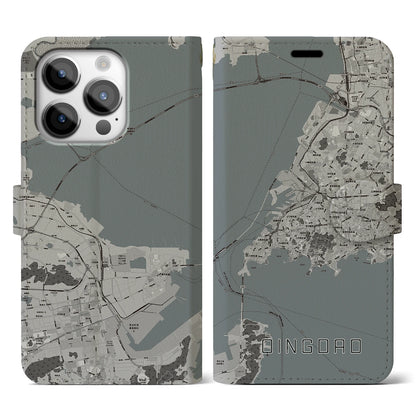 【青島（中華人民共和国）】地図柄iPhoneケース（手帳タイプ）モノトーン・iPhone 14 Pro 用