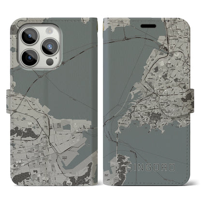 【青島（中華人民共和国）】地図柄iPhoneケース（手帳タイプ）モノトーン・iPhone 15 Pro 用