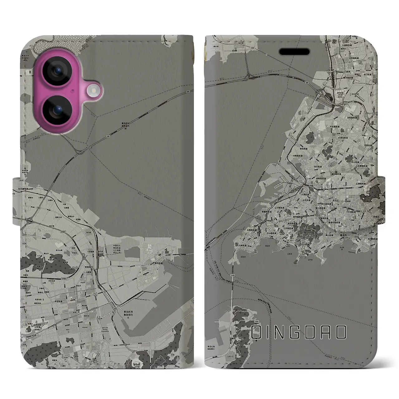 【青島（中華人民共和国）】地図柄iPhoneケース（手帳タイプ）モノトーン・iPhone 16 Pro 用