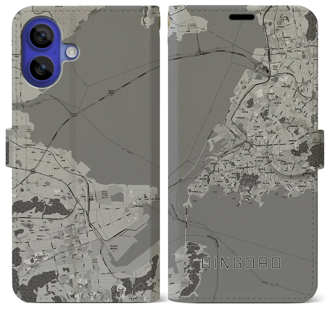 【青島(中華人民共和国)】地図柄iPhoneケース(手帳タイプ)モノトーン・iPhone 16 Pro Max 用