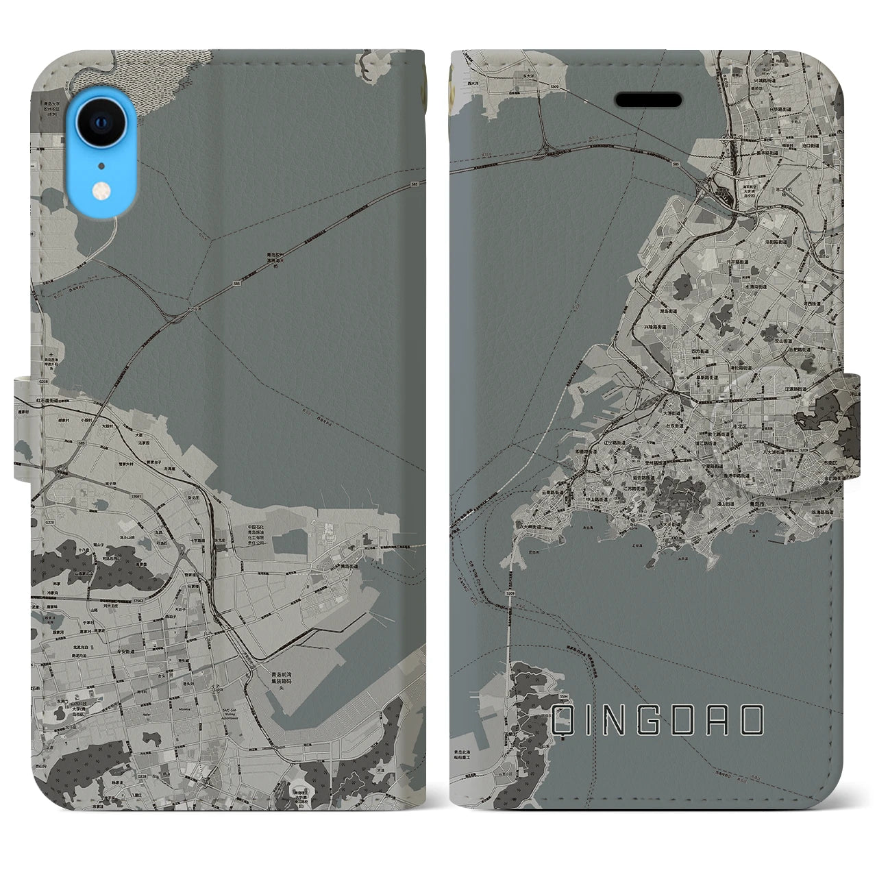 【青島】地図柄iPhoneケース（手帳両面タイプ・モノトーン）iPhone XR 用