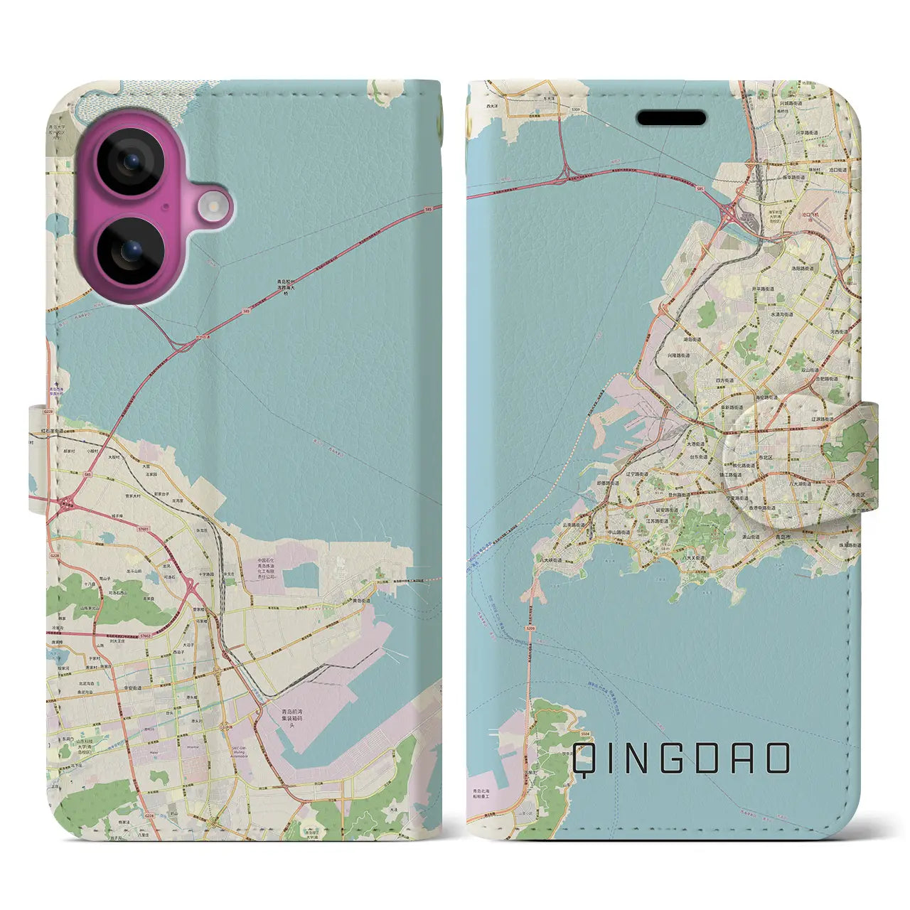 【青島（中華人民共和国）】地図柄iPhoneケース（手帳タイプ）ナチュラル・iPhone 16 Pro 用