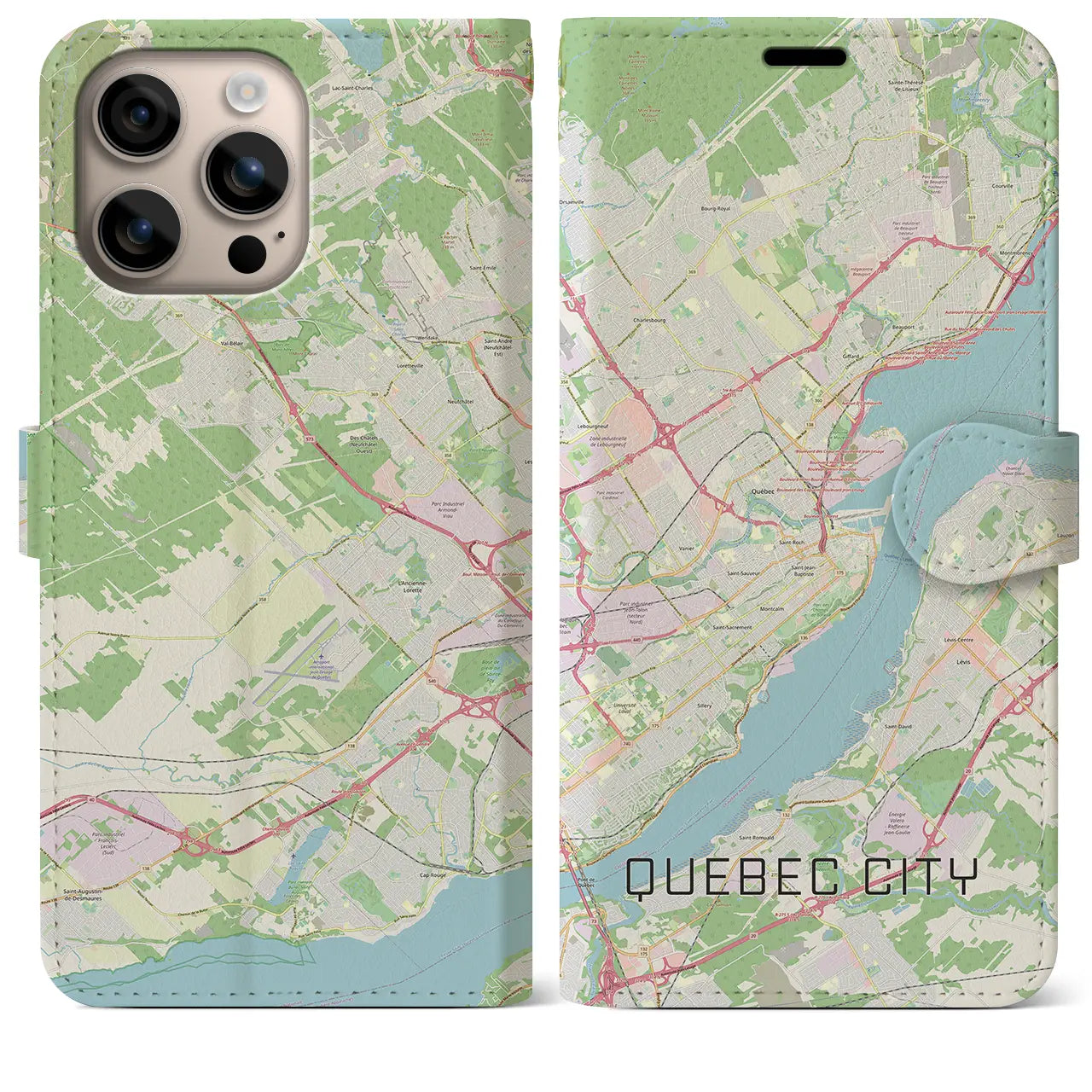 【ケベック・シティー（カナダ）】地図柄iPhoneケース（手帳タイプ）ナチュラル・iPhone 16 Plus 用
