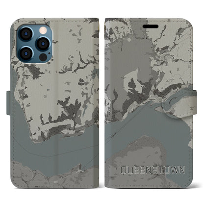 【クイーンズタウン（ニュージーランド）】地図柄iPhoneケース（手帳タイプ）モノトーン・iPhone 12 / 12 Pro 用