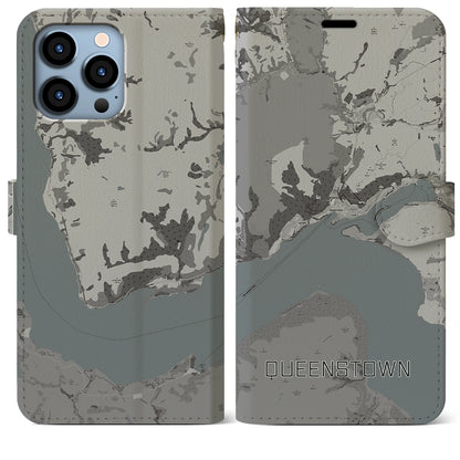 【クイーンズタウン（ニュージーランド）】地図柄iPhoneケース（手帳タイプ）モノトーン・iPhone 13 Pro Max 用