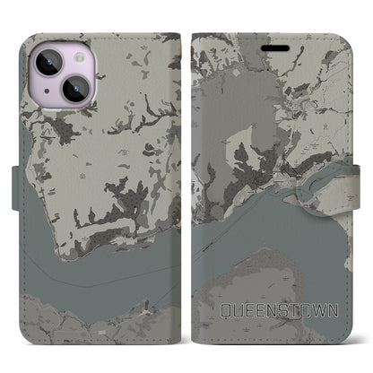 【クイーンズタウン（ニュージーランド）】地図柄iPhoneケース（手帳タイプ）モノトーン・iPhone 14 用