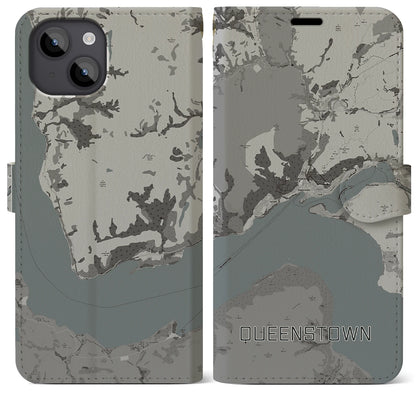 【クイーンズタウン（ニュージーランド）】地図柄iPhoneケース（手帳タイプ）モノトーン・iPhone 14 Plus 用