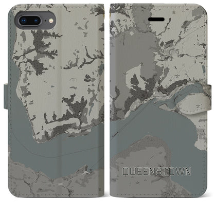 【クイーンズタウン（ニュージーランド）】地図柄iPhoneケース（手帳タイプ）モノトーン・iPhone 8Plus /7Plus / 6sPlus / 6Plus 用