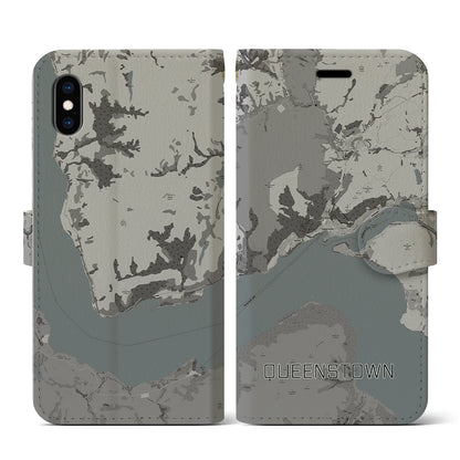 【クイーンズタウン（ニュージーランド）】地図柄iPhoneケース（手帳タイプ）モノトーン・iPhone XS / X 用