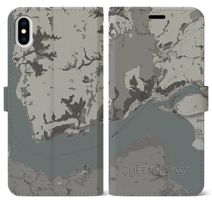 【クイーンズタウン（ニュージーランド）】地図柄iPhoneケース（手帳タイプ）モノトーン・iPhone XS Max 用