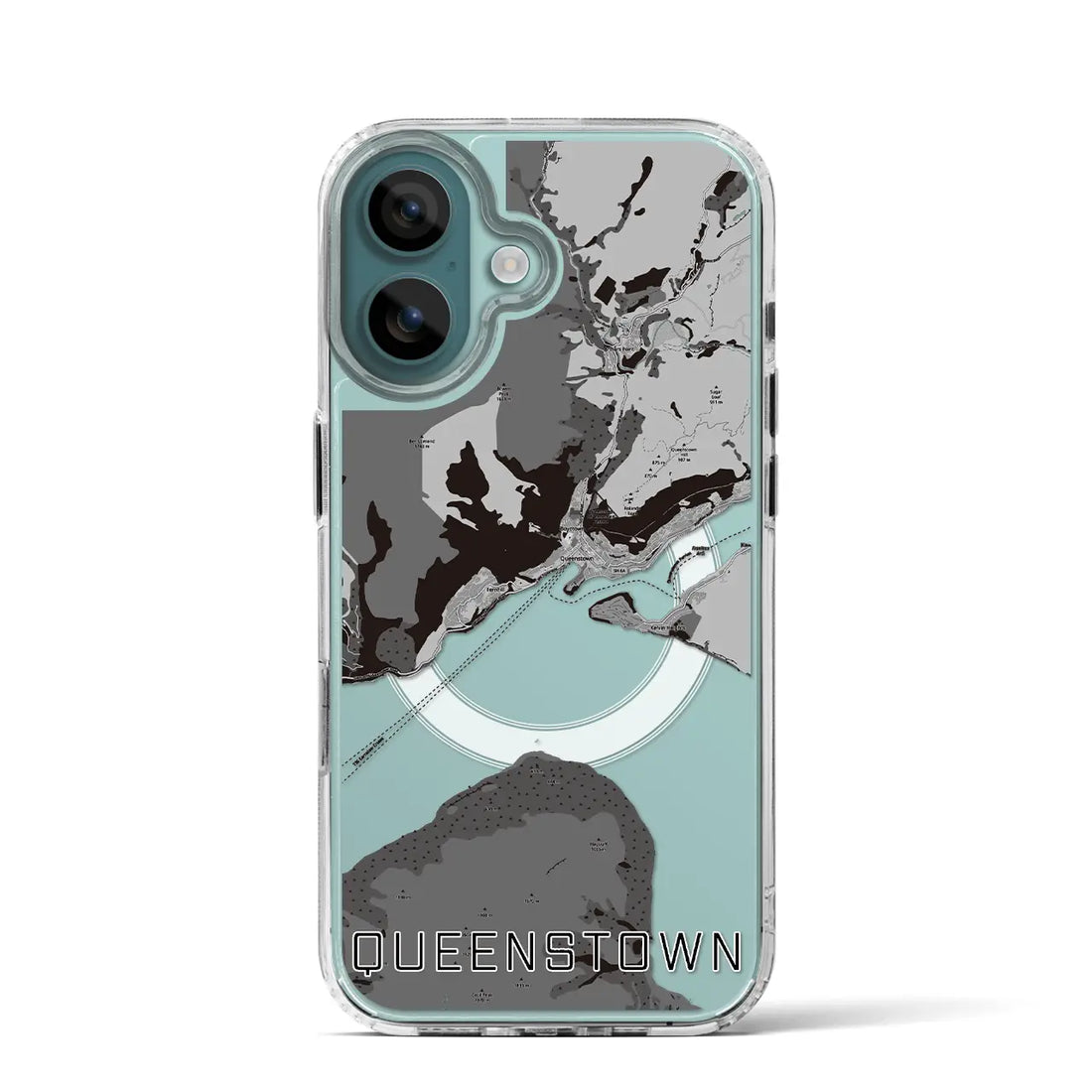 【クイーンズタウン（ニュージーランド）】地図柄iPhoneケース（MagSafeタイプ）モノトーン・iPhone 16 Pro 用