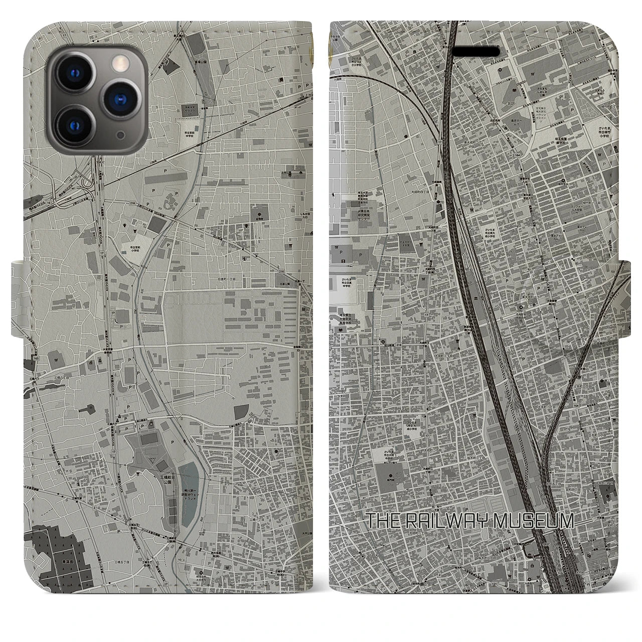 【鉄道博物館】地図柄iPhoneケース（手帳両面タイプ・モノトーン）iPhone 11 Pro Max 用