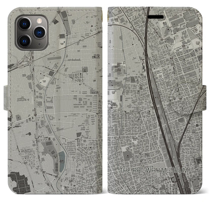 【鉄道博物館（埼玉県）】地図柄iPhoneケース（手帳タイプ）モノトーン・iPhone 11 Pro Max 用