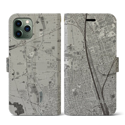 【鉄道博物館（埼玉県）】地図柄iPhoneケース（手帳タイプ）モノトーン・iPhone 11 Pro 用