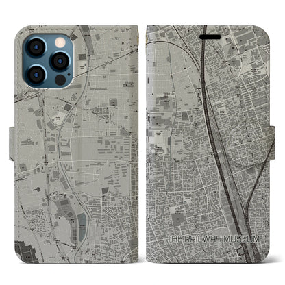 【鉄道博物館（埼玉県）】地図柄iPhoneケース（手帳タイプ）モノトーン・iPhone 12 / 12 Pro 用
