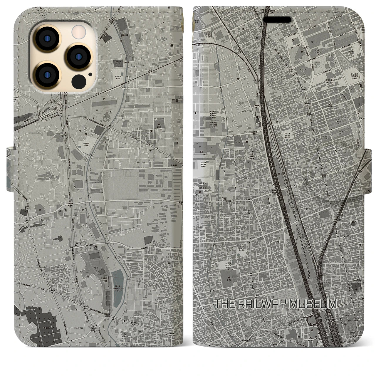 【鉄道博物館】地図柄iPhoneケース（手帳両面タイプ・モノトーン）iPhone 12 Pro Max 用