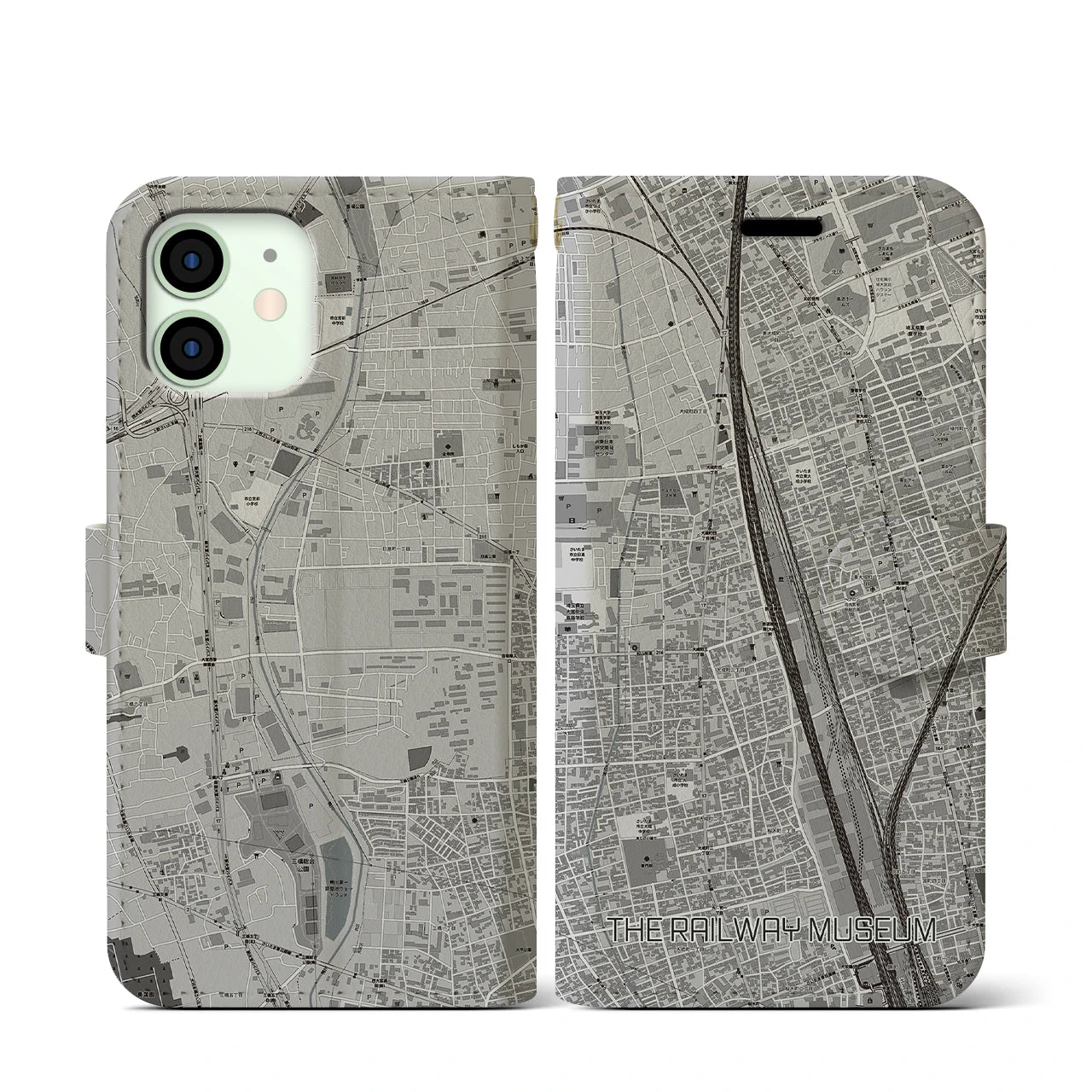 【鉄道博物館】地図柄iPhoneケース（手帳両面タイプ・モノトーン）iPhone 12 mini 用