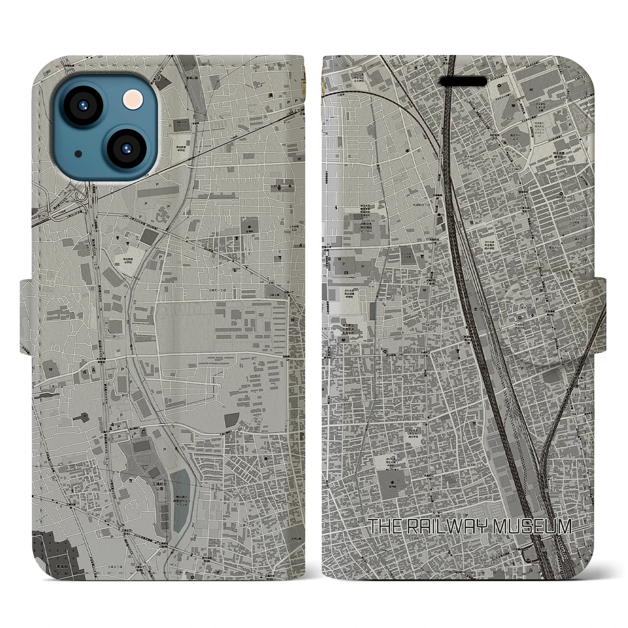 【鉄道博物館】地図柄iPhoneケース（手帳両面タイプ・モノトーン）iPhone 13 用