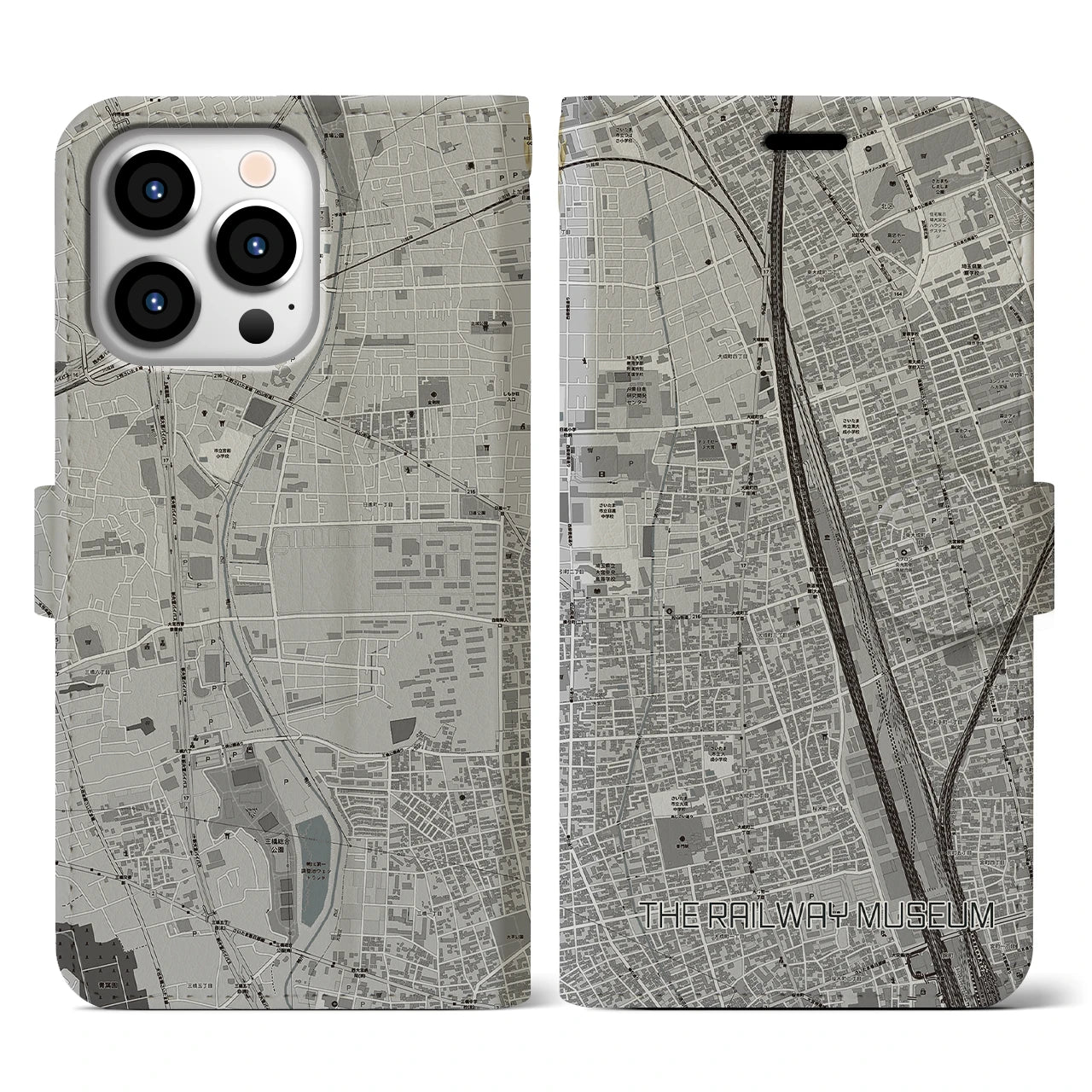 【鉄道博物館】地図柄iPhoneケース（手帳両面タイプ・モノトーン）iPhone 13 Pro 用