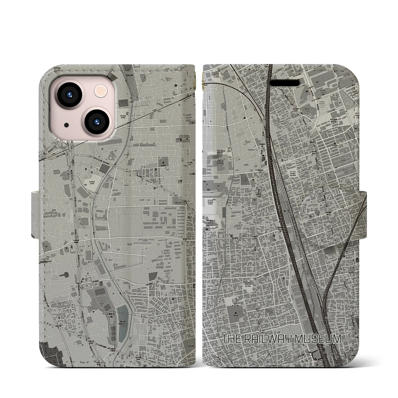【鉄道博物館】地図柄iPhoneケース（手帳両面タイプ・モノトーン）iPhone 13 mini 用