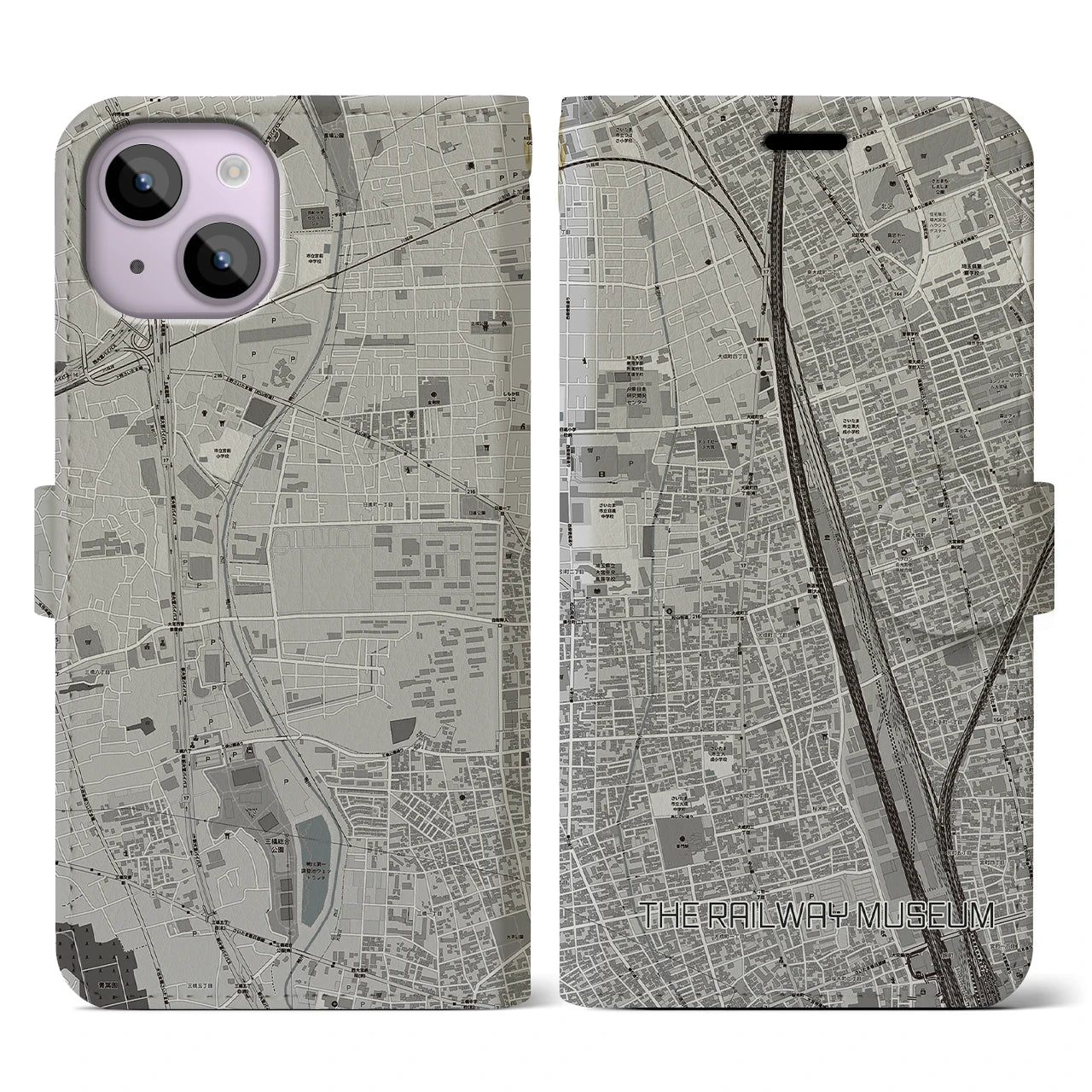 【鉄道博物館】地図柄iPhoneケース（手帳両面タイプ・モノトーン）iPhone 14 用