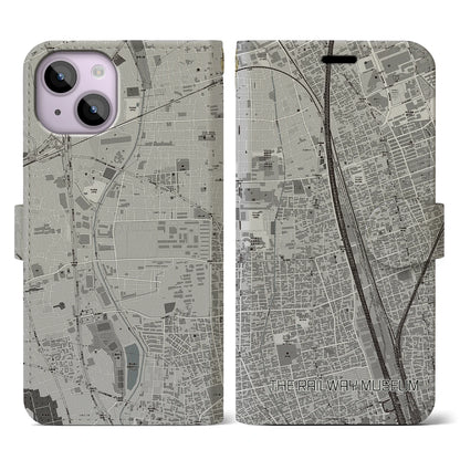 【鉄道博物館（埼玉県）】地図柄iPhoneケース（手帳タイプ）モノトーン・iPhone 14 用