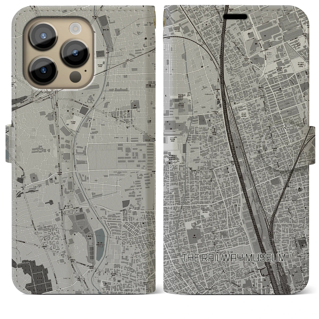 【鉄道博物館】地図柄iPhoneケース（手帳両面タイプ・モノトーン）iPhone 14 Pro Max 用