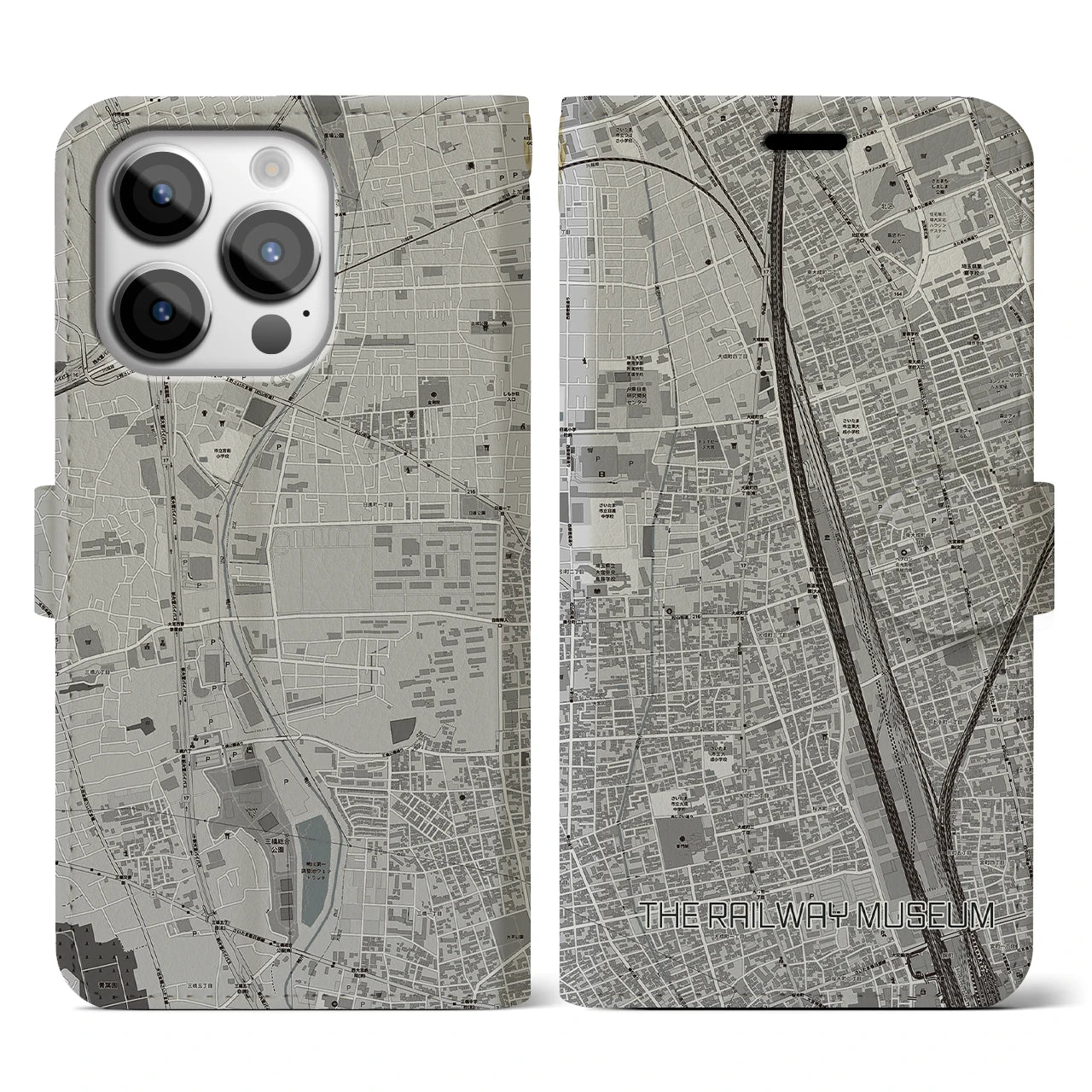 【鉄道博物館】地図柄iPhoneケース（手帳両面タイプ・モノトーン）iPhone 14 Pro 用