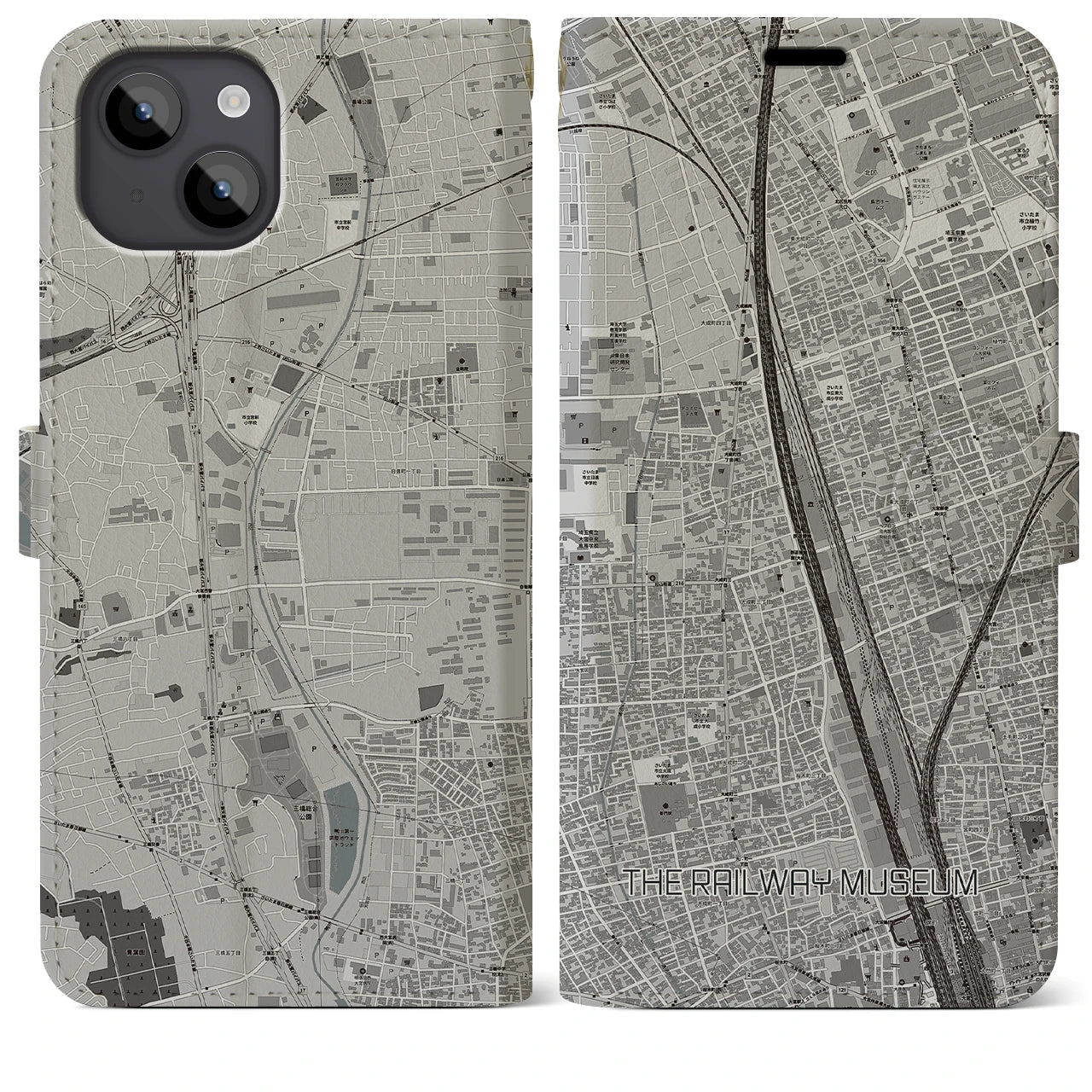 【鉄道博物館】地図柄iPhoneケース（手帳両面タイプ・モノトーン）iPhone 14 Plus 用
