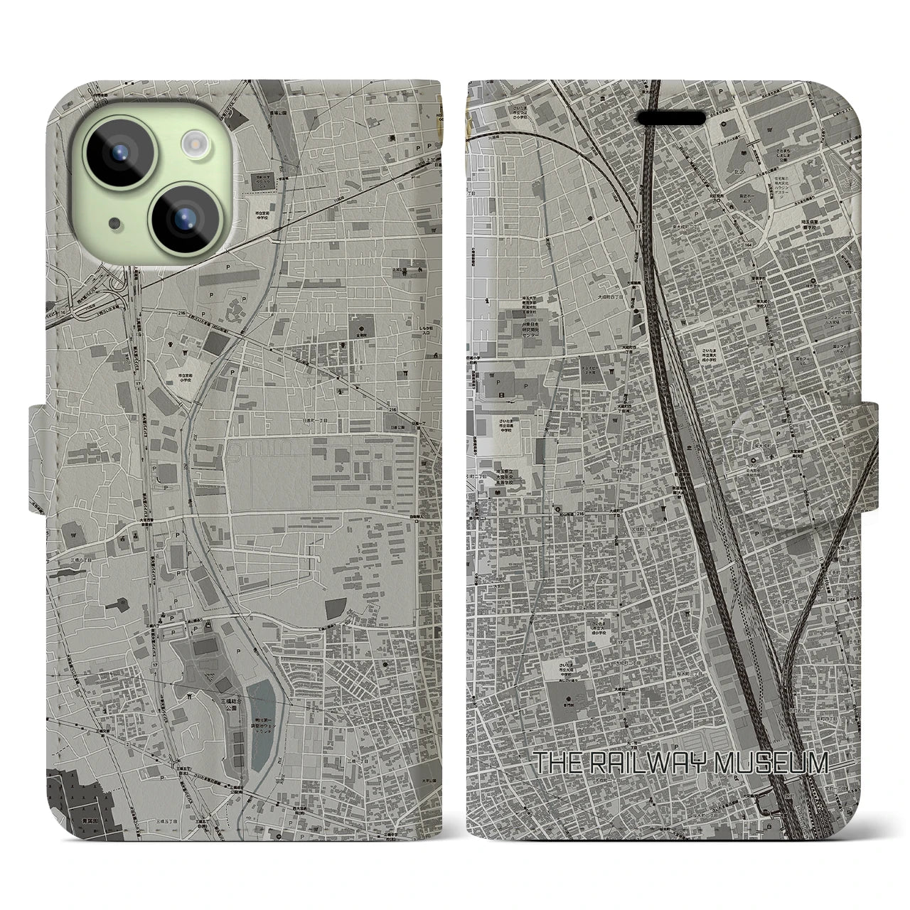 【鉄道博物館】地図柄iPhoneケース（手帳両面タイプ・モノトーン）iPhone 15 用