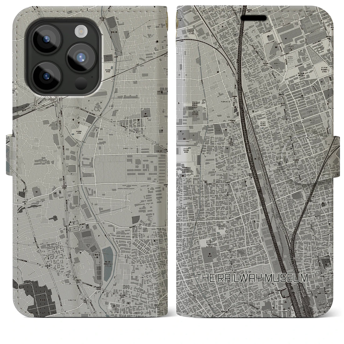【鉄道博物館】地図柄iPhoneケース（手帳両面タイプ・モノトーン）iPhone 15 Pro Max 用